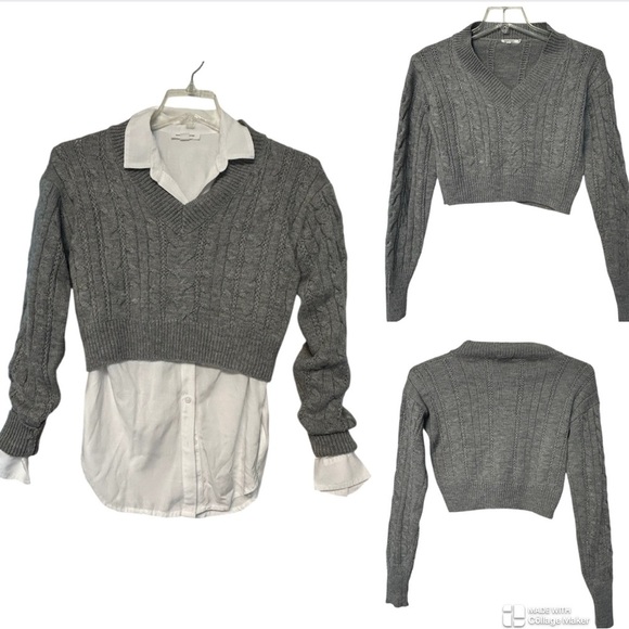 Immodel Gray Cable Knit cropped V-Neck Sweater - Picture 1 of 7